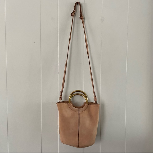 J Crew Blush Pink Suede Bracelet Bucket Crossbody Gold Italian Leather Frankie - Picture 10 of 16